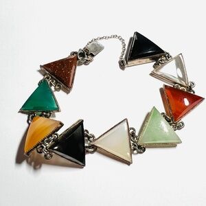 Vintage Midcentury Bracelet - Triangle Faceted Semi Precious Stones - Silver